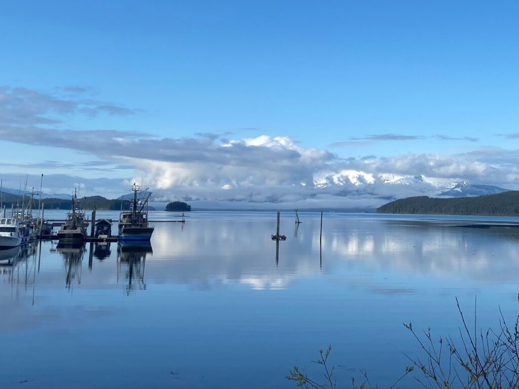 Boats at a dock on a sunny day at Auke Bay, calm water reflecting forested hills and snow-capped mountains.