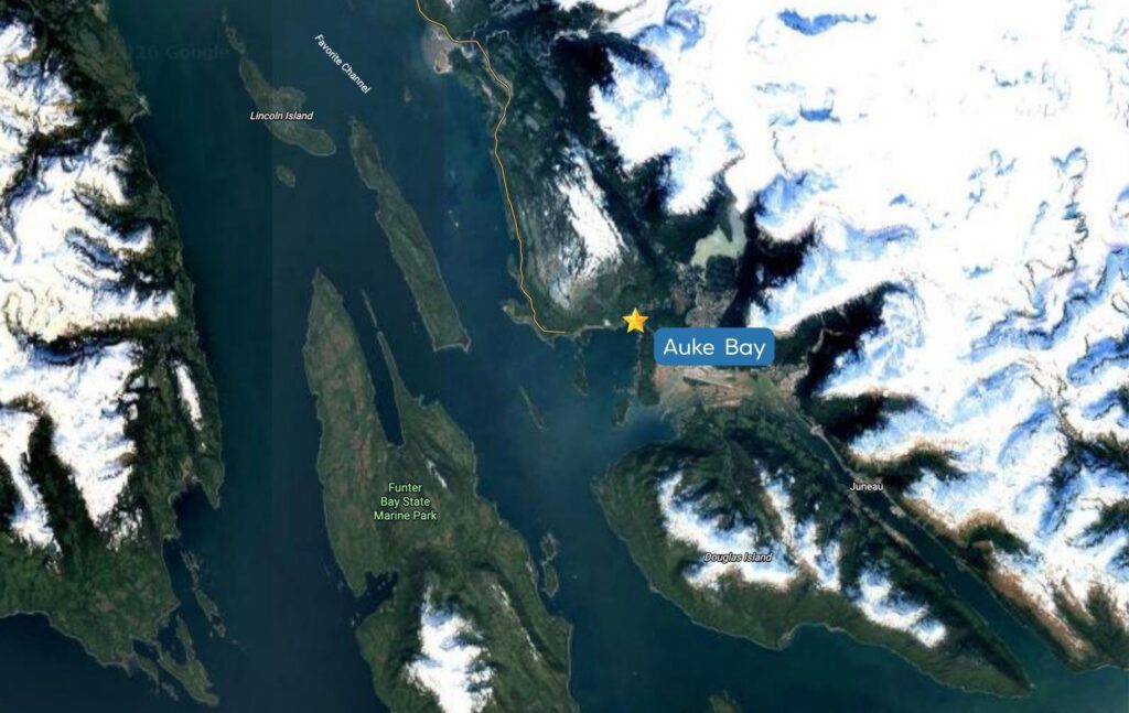 Satellite map of Auke Bay and surrounding waterways near Juneau, showing Douglas Island, Favorite Channel, and Funter Bay.